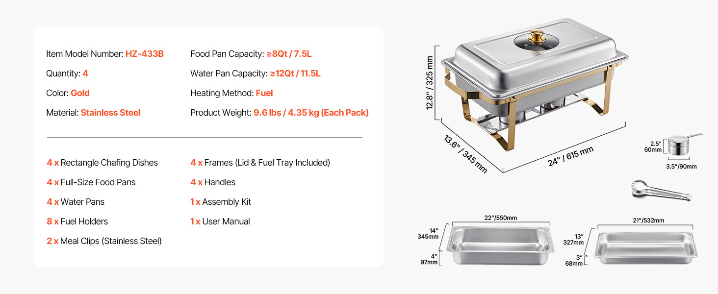 Contenu et dimensions du lot de 4 chafing dishes : 4 grands bacs