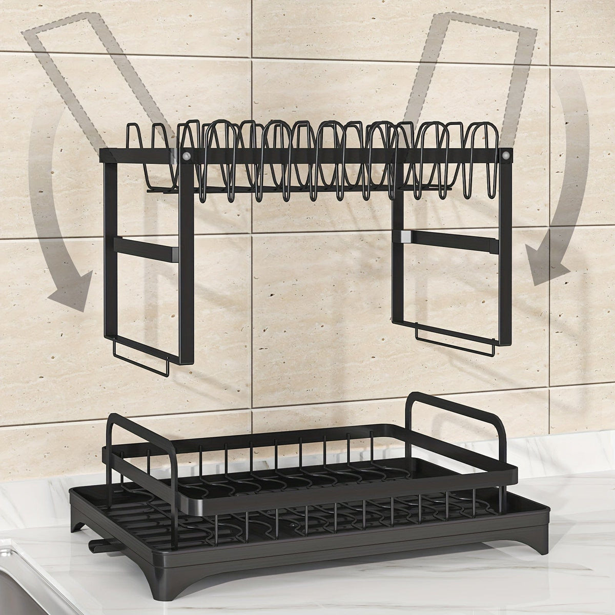 Égouttoir à vaisselle double étages avec range-couverts et égouttoir, Rangement vaisselle multifonction, Grande capacité, Pour plan de travail cuisine