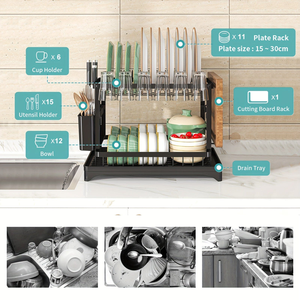 Égouttoir à vaisselle double étages avec range-couverts et égouttoir, Rangement vaisselle multifonction, Grande capacité, Pour plan de travail cuisine