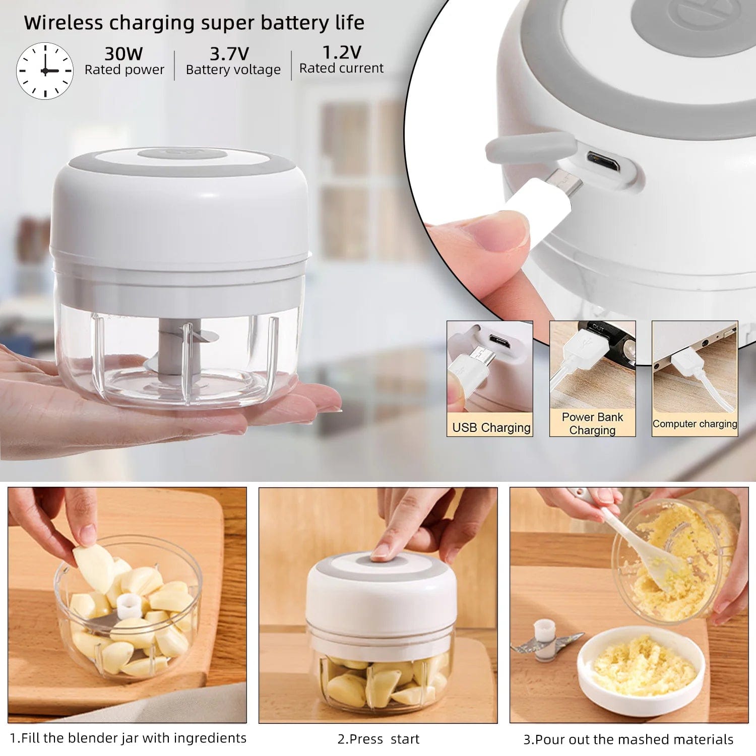 Mini Hachoir Électrique pour l'Ail et les Légumes - Broyeur USB Portable & sans Fil Hachoirs à légumes