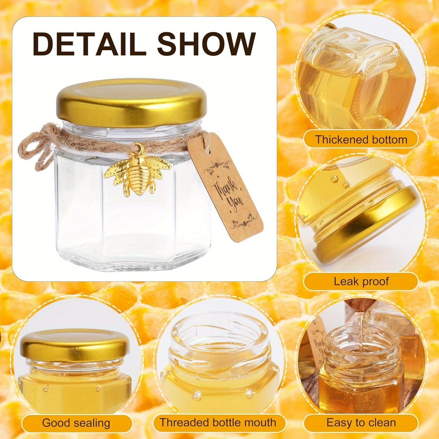 Ensemble de 60 pots en verre hexagonaux 1.5oz avec couvercles dorés - Baby Shower, Mariage, Favors & Gifts