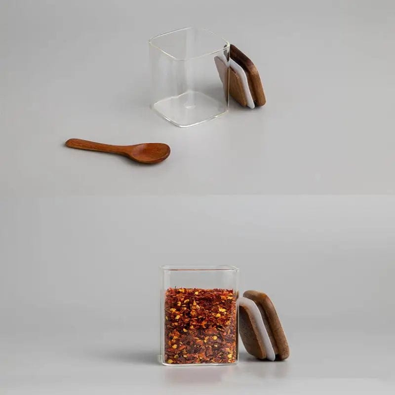 Lot de 4 Bocaux à Épices en Verre et Couvercle en Bois d'Acacia Boîtes Hermétiques