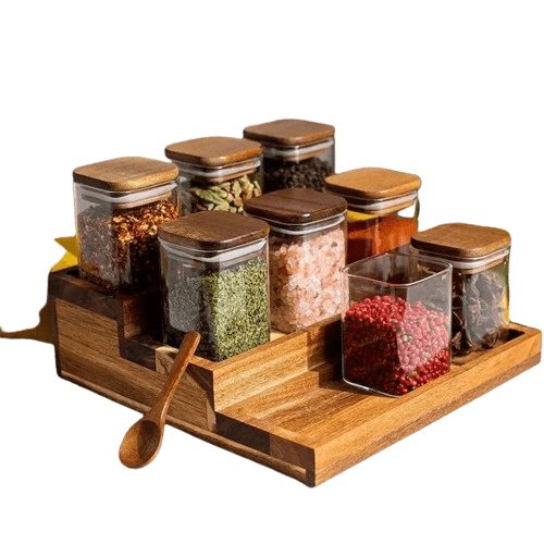 Lot de 4 Bocaux à Épices en Verre et Couvercle en Bois d'Acacia Boîtes Hermétiques
