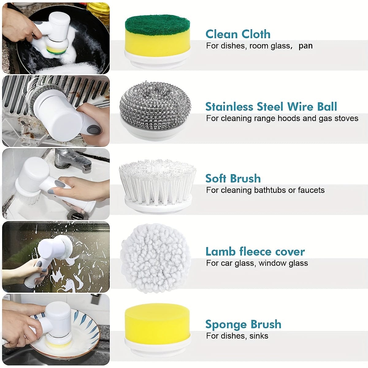 Lot de 5 brosses rotatives électriques, sans fil, rechargeable, pour salle de bain, cuisine, sols