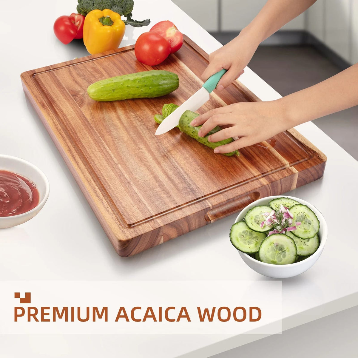 Planche à Découper en Bois d'Acacia Massif avec Rainures Jus et Poignées — 51×38 cm ou 61×46 cm planche a decouper en bois