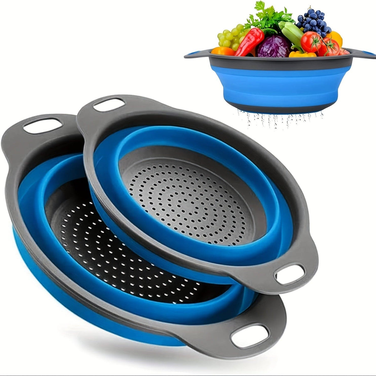 Passeoire Pliante Silicone pour Égoutter Pâtes et Fruits - Set de 2 - Vert / Rouge / Bleu
