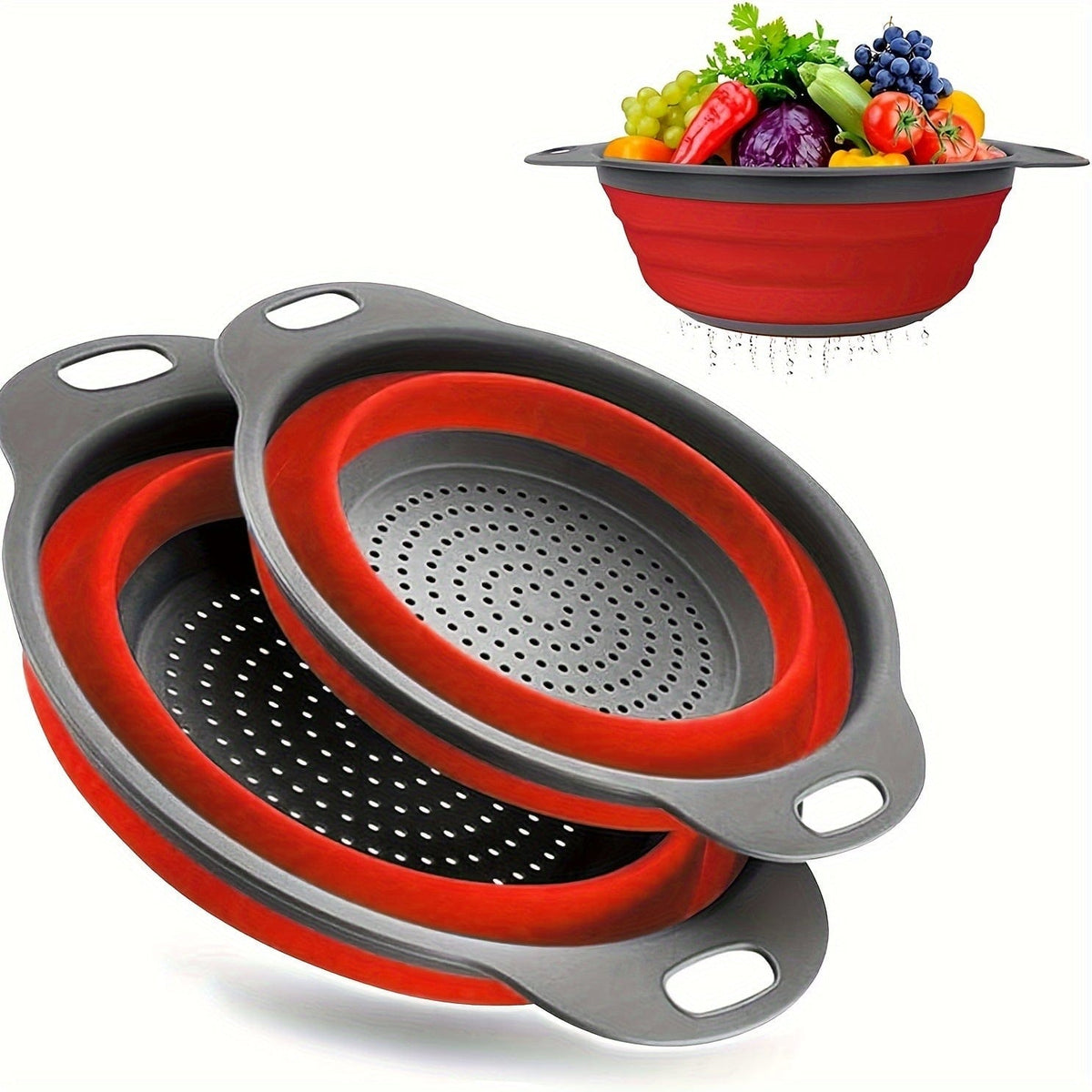 Passeoire Pliante Silicone pour Égoutter Pâtes et Fruits - Set de 2 - Vert / Rouge / Bleu