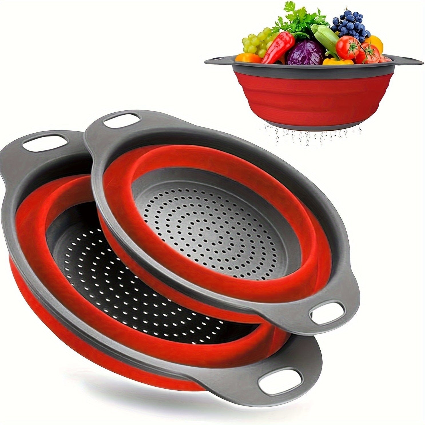 Passeoire Pliante Silicone pour Égoutter Pâtes et Fruits - Set de 2 - Vert / Rouge / Bleu