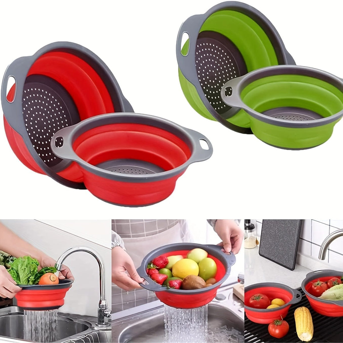 Passeoire Pliante Silicone pour Égoutter Pâtes et Fruits - Set de 2 - Vert / Rouge / Bleu