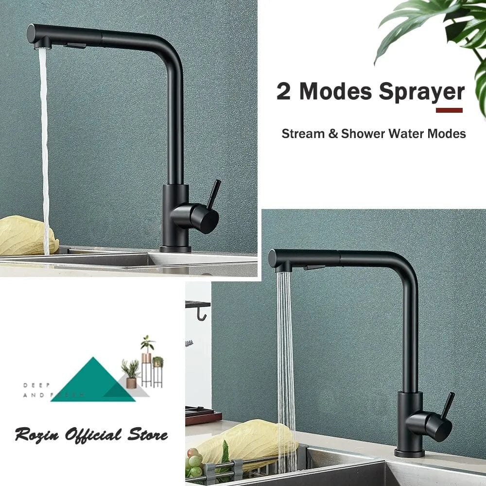 Robinet de Cuisine Noir avec Bec Rétractable et 2 Modes de Jet - Mélangeur d'Eau Chaud et Froid en Acier Inoxydable