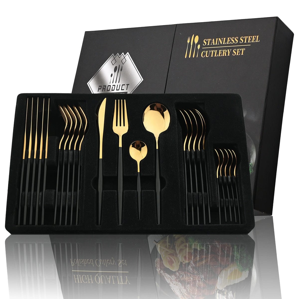 Set de couverts dorés avec manche noir - Acier inoxydable 24 pièces - VF20943