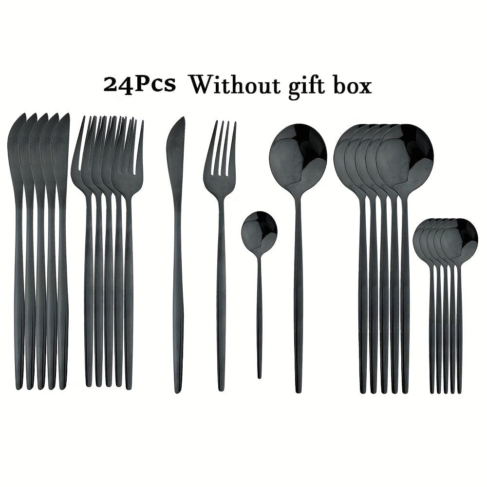 Set de couverts dorés avec manche noir - Acier inoxydable 24 pièces - VF20943