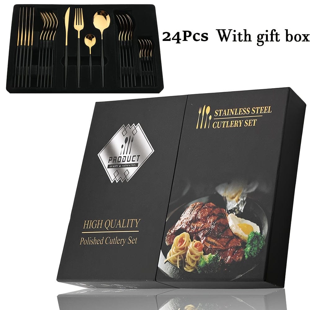 Set de couverts dorés avec manche noir - Acier inoxydable 24 pièces - VF20943