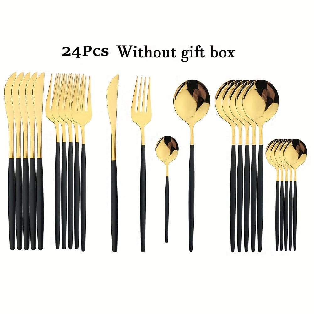 Set de couverts dorés avec manche noir - Acier inoxydable 24 pièces - VF20943