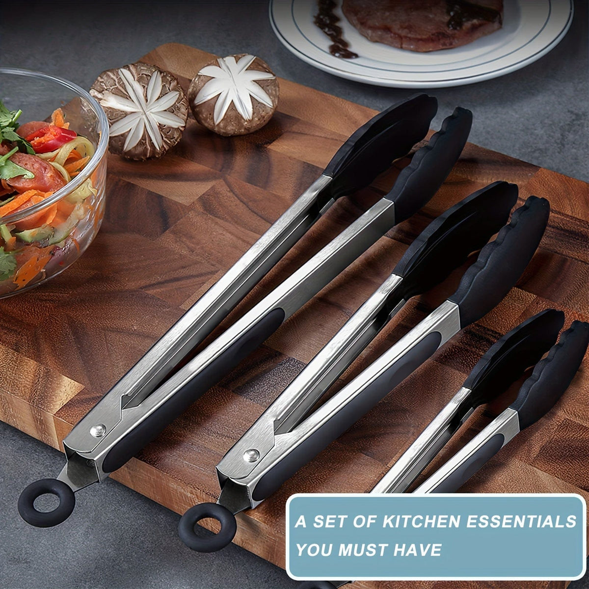 Tong de cuisine en acier inoxydable avec embouts en silicone noirs