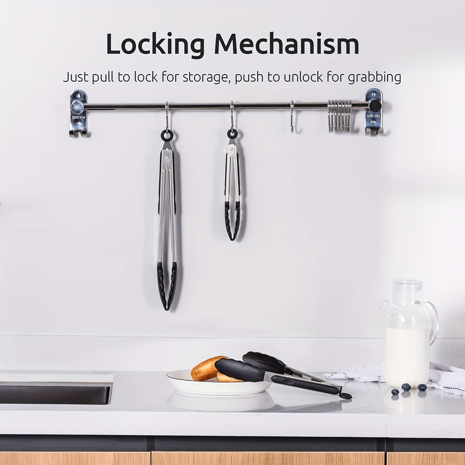 Tong de cuisine en acier inoxydable avec embouts en silicone noirs