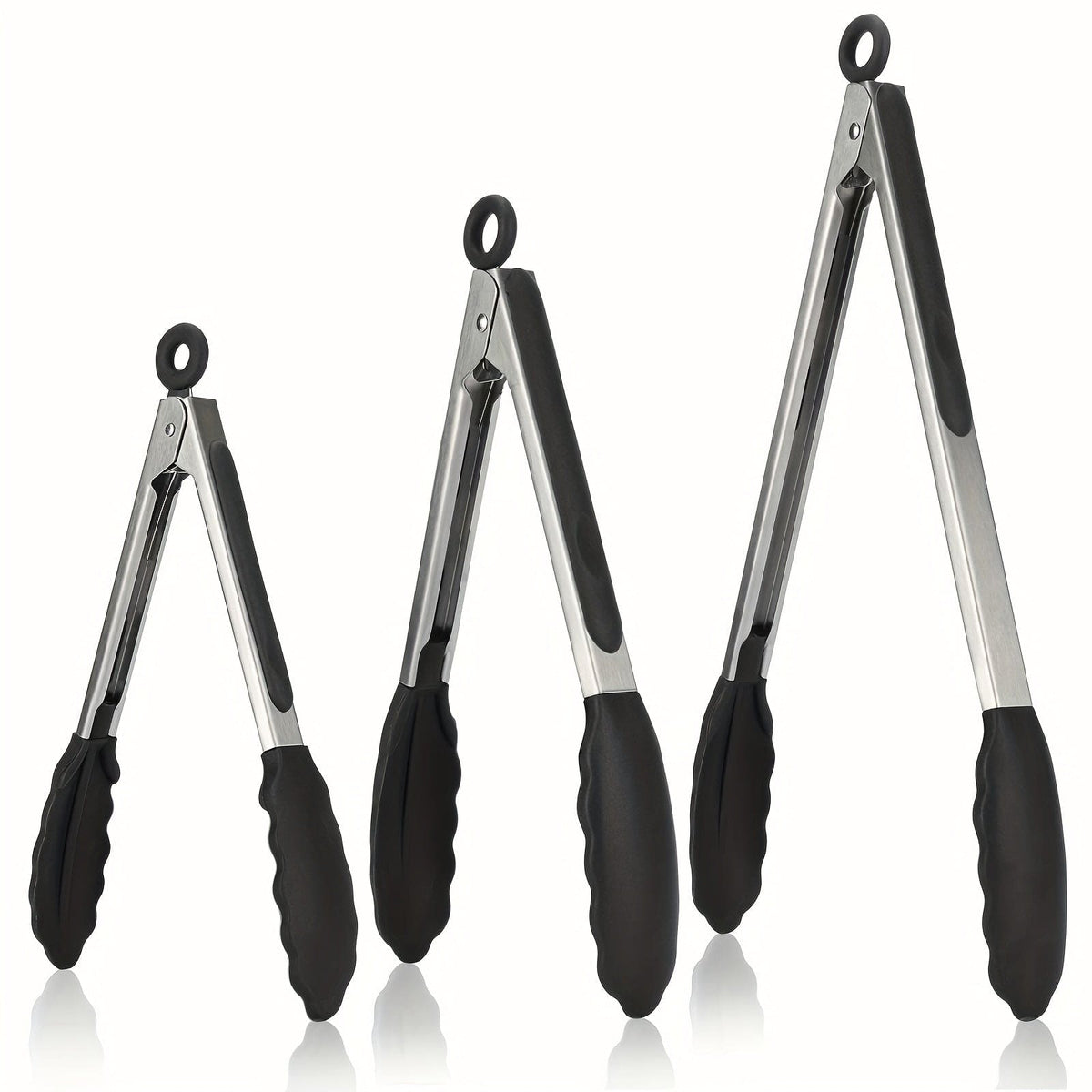 Tong de cuisine en acier inoxydable avec embouts en silicone noirs