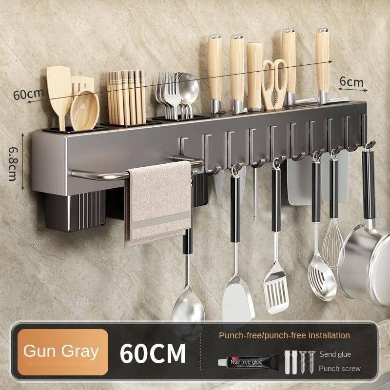 Range-Couteaux Mural Multifonction pour Ustensiles de Cuisine — Étagère sans Perçage