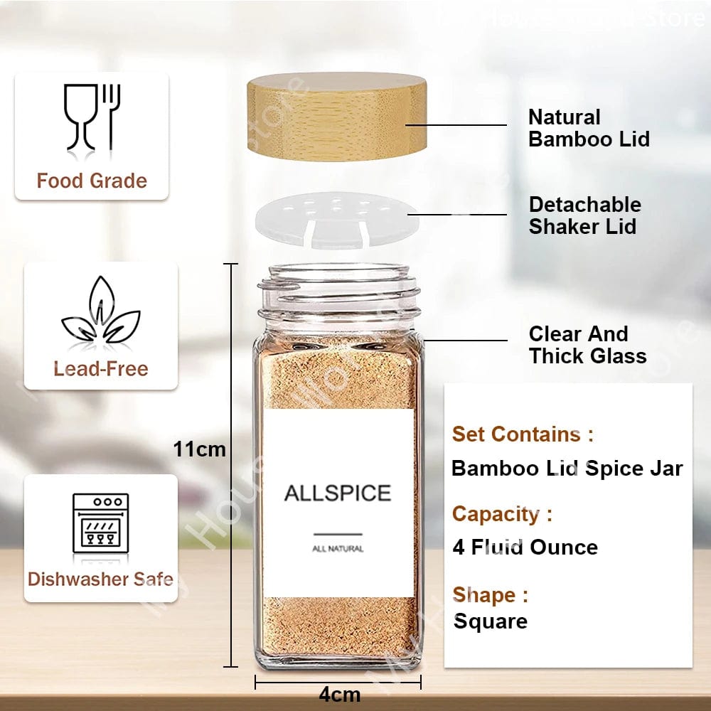 Pots à épices en verre avec couvercle bambou + étiquettes – Set cuisine Boîtes Hermétiques